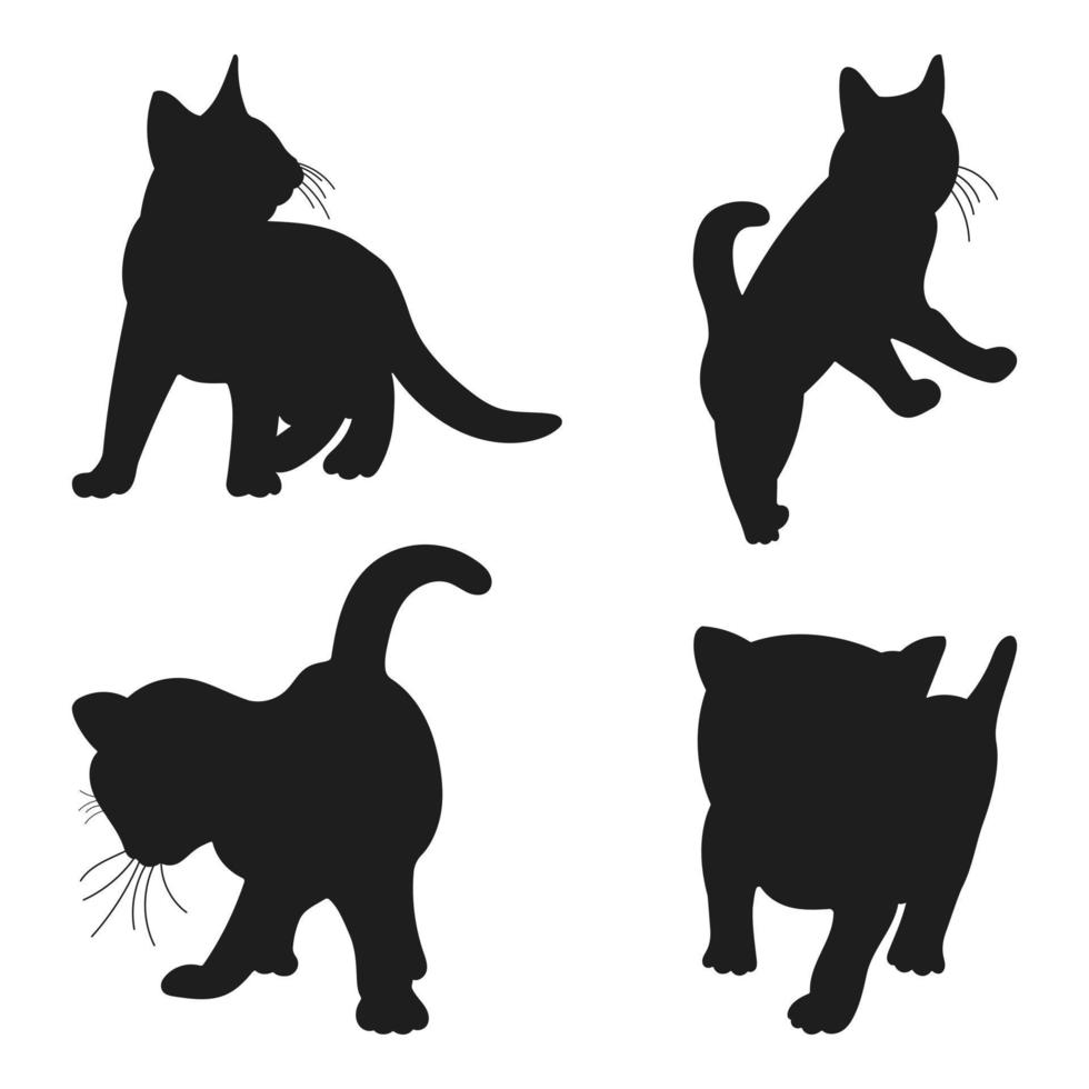 silueta de gatos de pie, corriendo, caminando en diferentes posiciones, paquete dibujado a mano de formas y figuras de mascotas, vector aislado