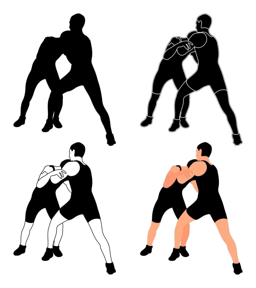Set silhouettes athletes wrestlers in wrestling, duel, fight. Greco Roman, freestyle, classical wrestling. Martial art vector