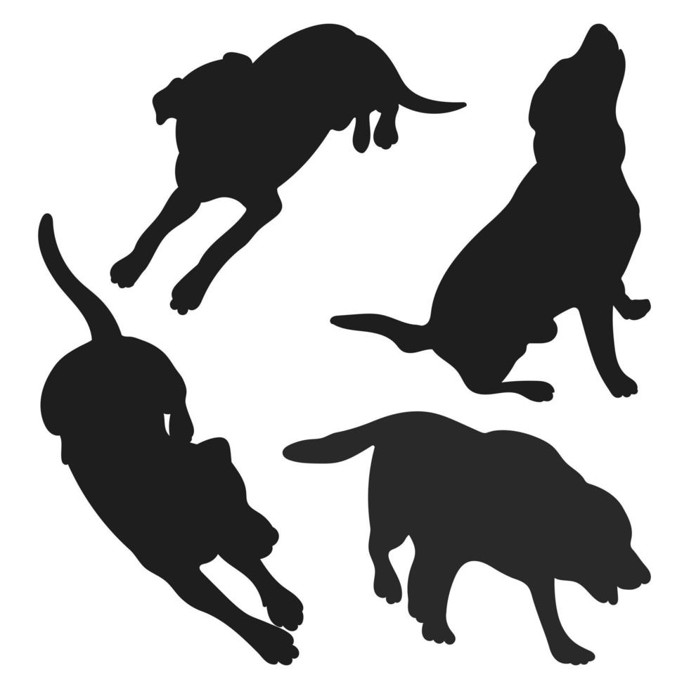 silueta vectorial de perros en diferentes posiciones. ordena mentir, mentir, sentarse, pararse, correr, caminar. vector