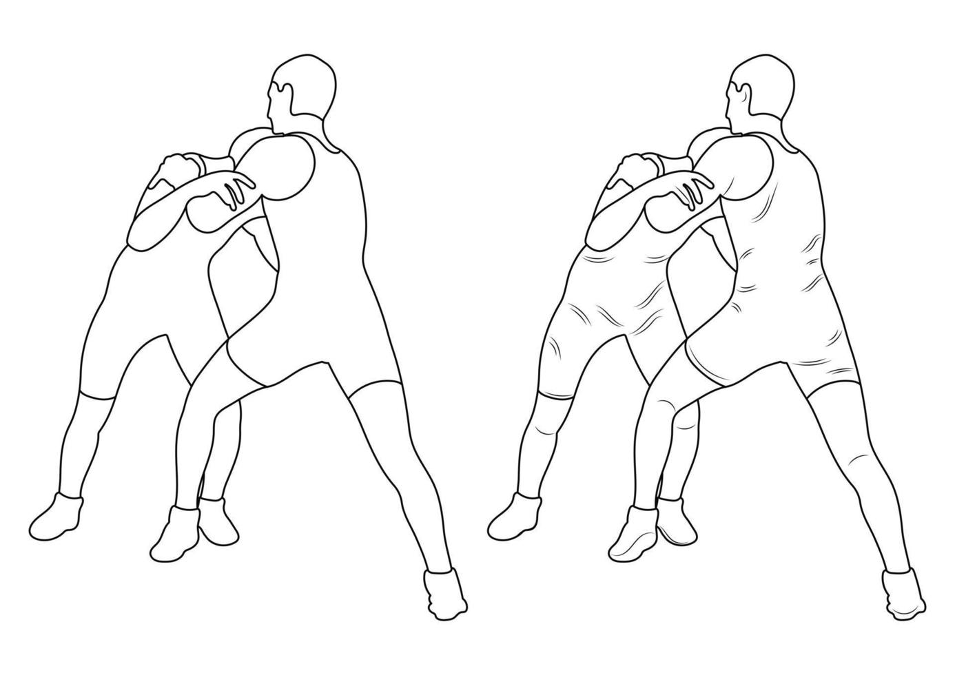 Silhouette outline athletes wrestlers in wrestling, duel, fight. Sketch line drawing greco roman, freestyle, classical wrestling. vector