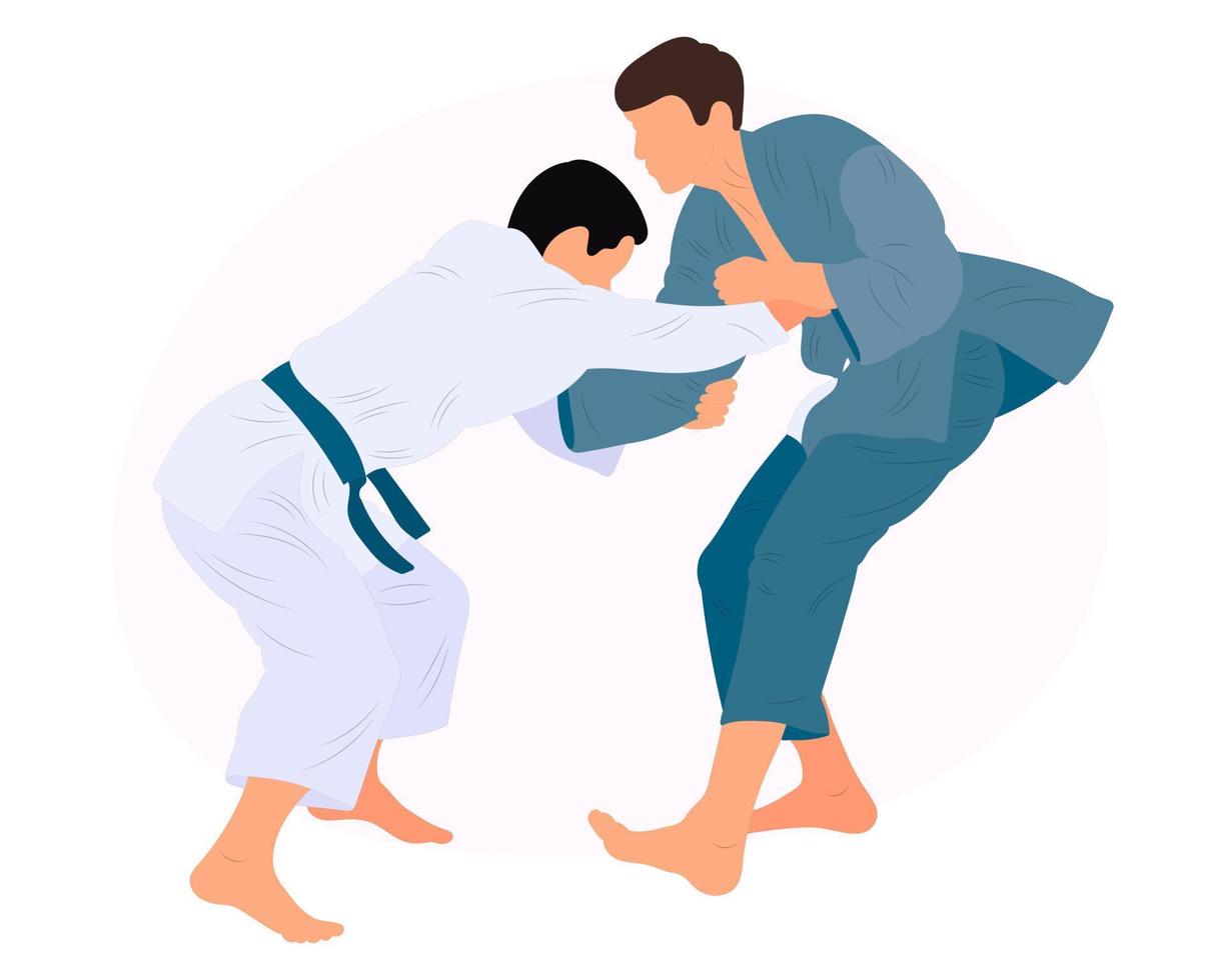 Athlete judoist, judoka, fighter in a duel, fight, match. Judo sport, martial art. Flat style. vector