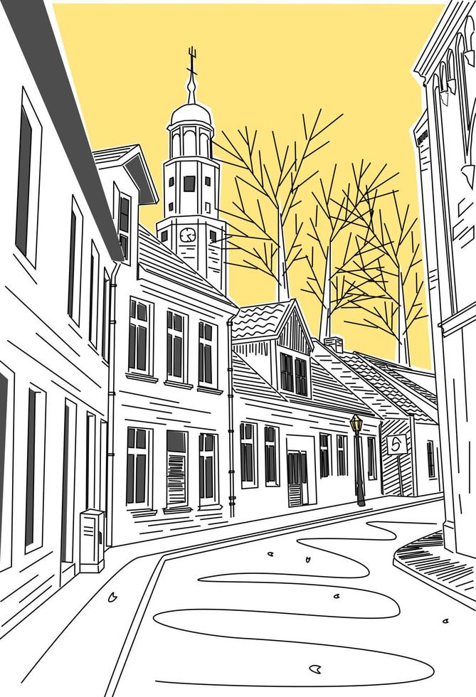 Town street sketch style. Vector illustration. Small European town. Germany