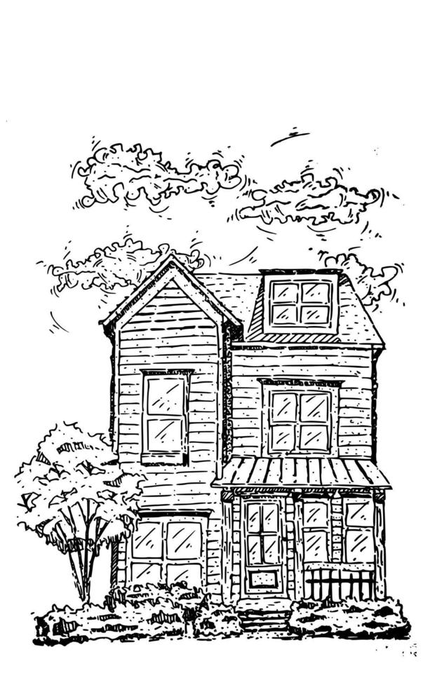 Hand drawn house in black and white. Sketch vector illustration.