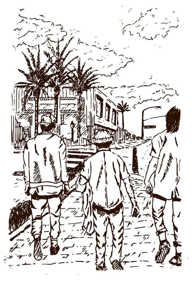 caminar juntos a través de la ilustración del vector de la ciudad, estilo dibujado a mano, dibujar.