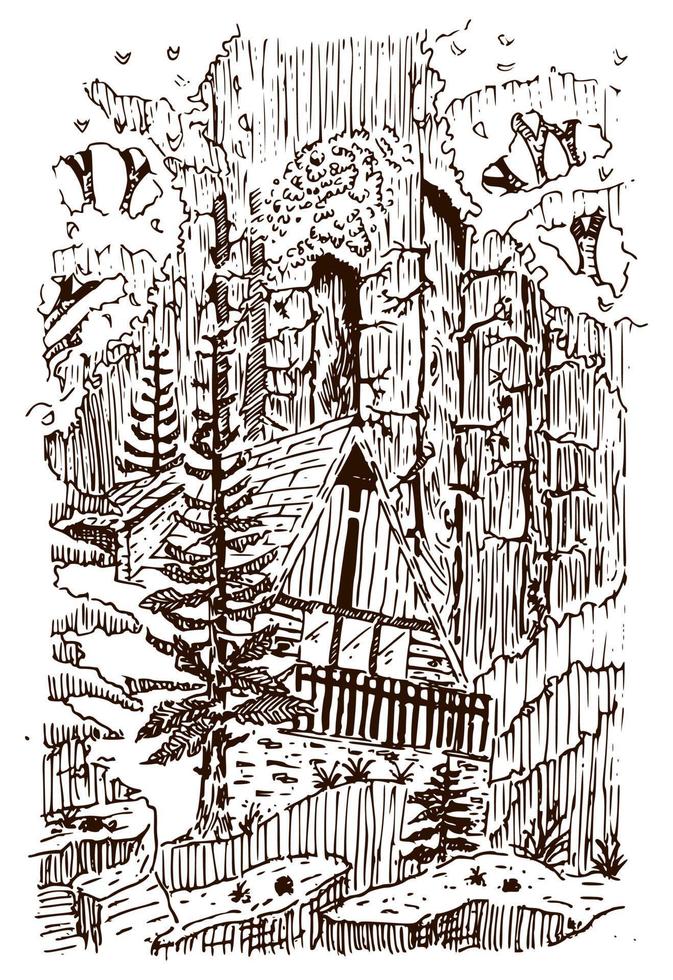 casa en medio de la ilustración de vector de bosque, dibujado a mano, boceto