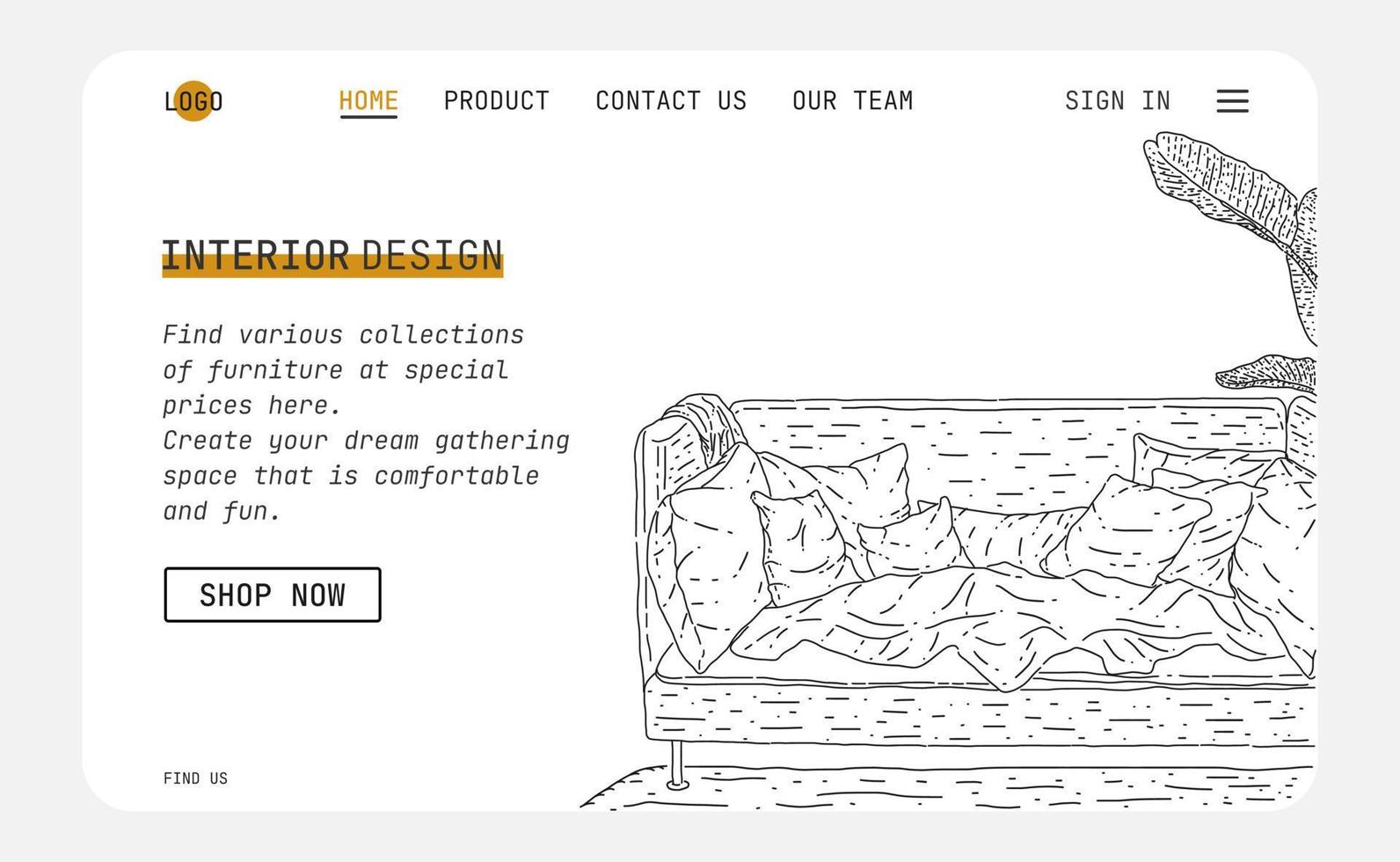 Landing page Interior design. Hand drawn sketch. vector