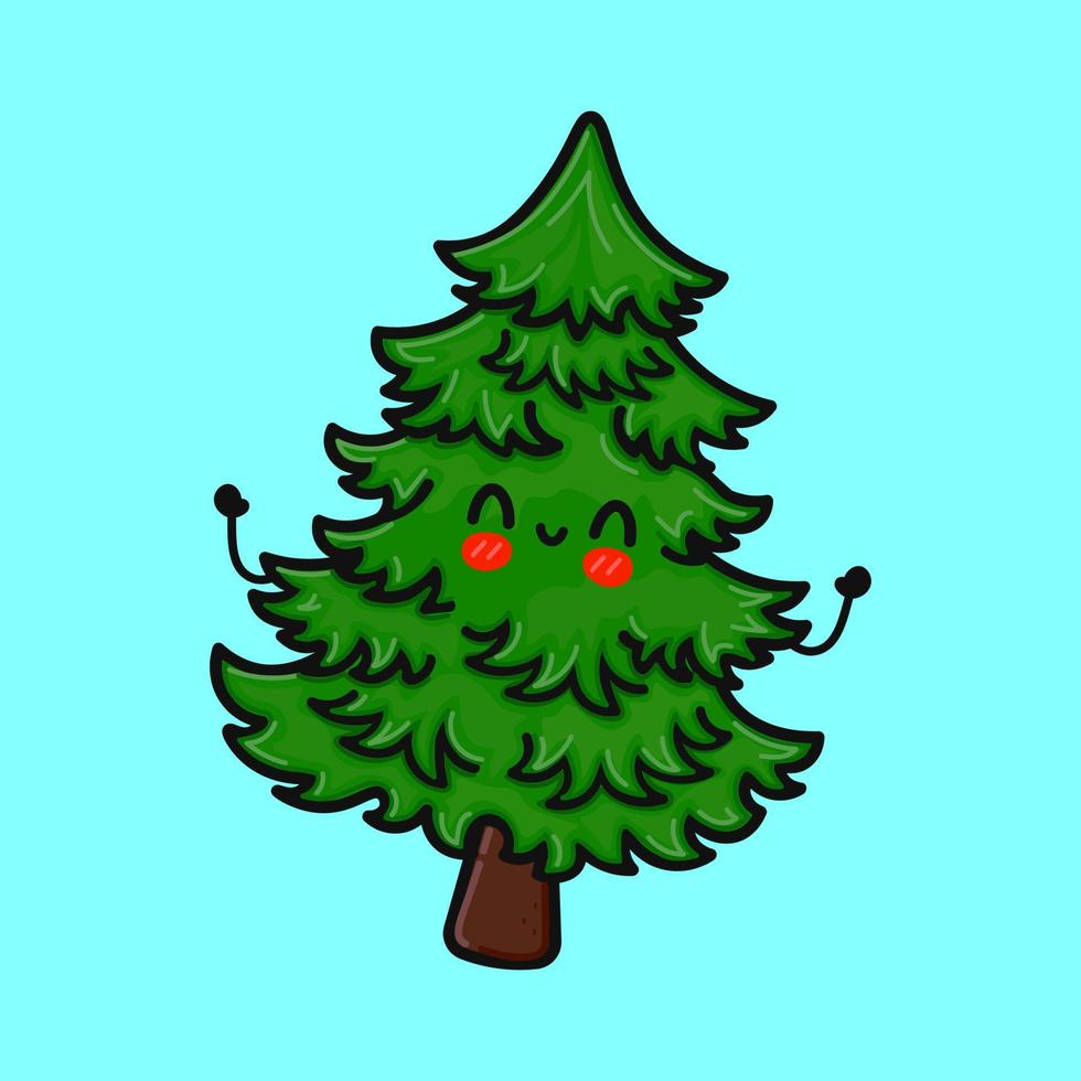 Cute funny jumping Christmas tree. Vector hand drawn cartoon kawaii character illustration icon. Isolated on blue background. Spruce character concept