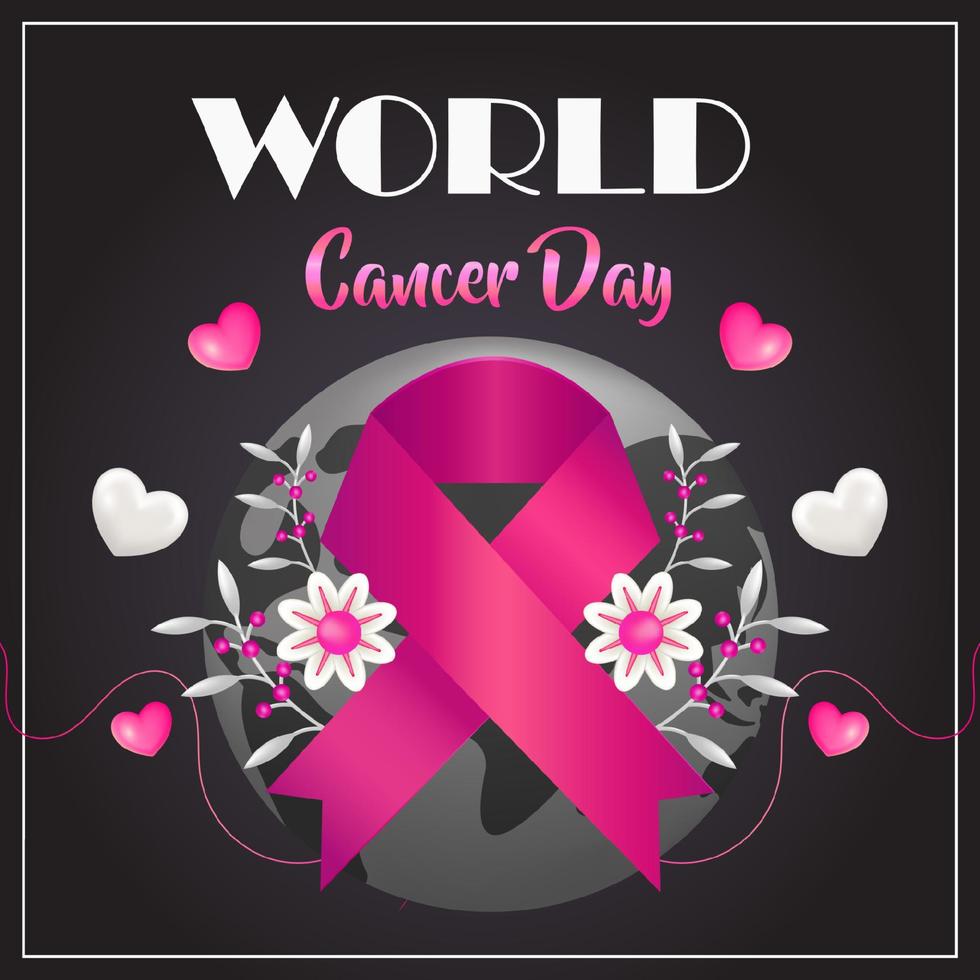 World Cancer Day, 3d illustration of ribbons and flowers with earth background vector