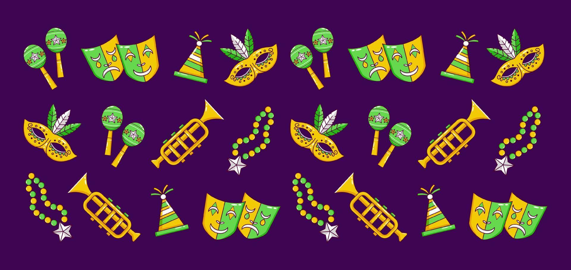 carnaval mardi gras. patrón de icono de máscara, trompeta, collar, maracas y gorro de fiesta vector