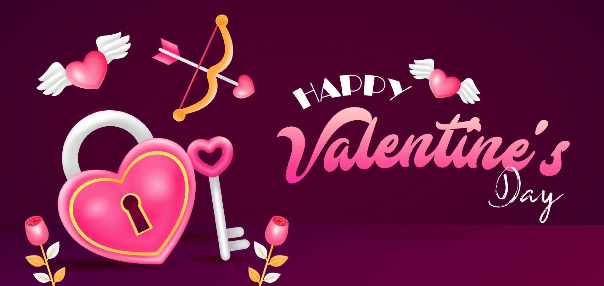 Feliz día de San Valentín. Ilustración 3d de arco de amor, flor, llave y candado vector