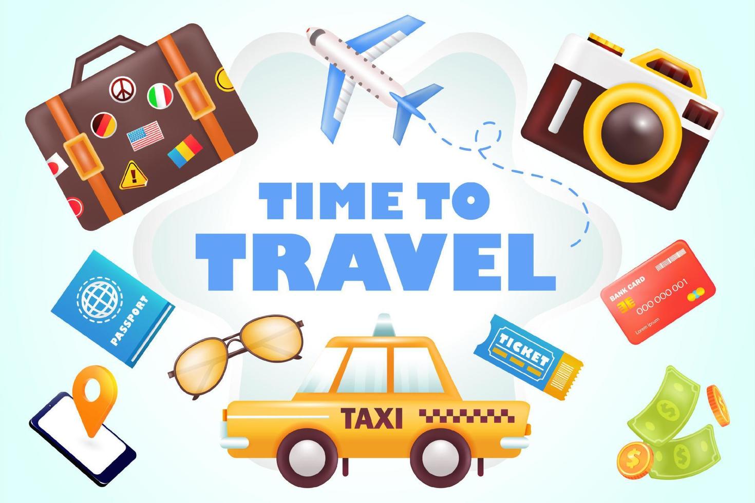 Time to Travel. 3d illustration of camera, taxi car, suitcase, plane, passport and glasses vector