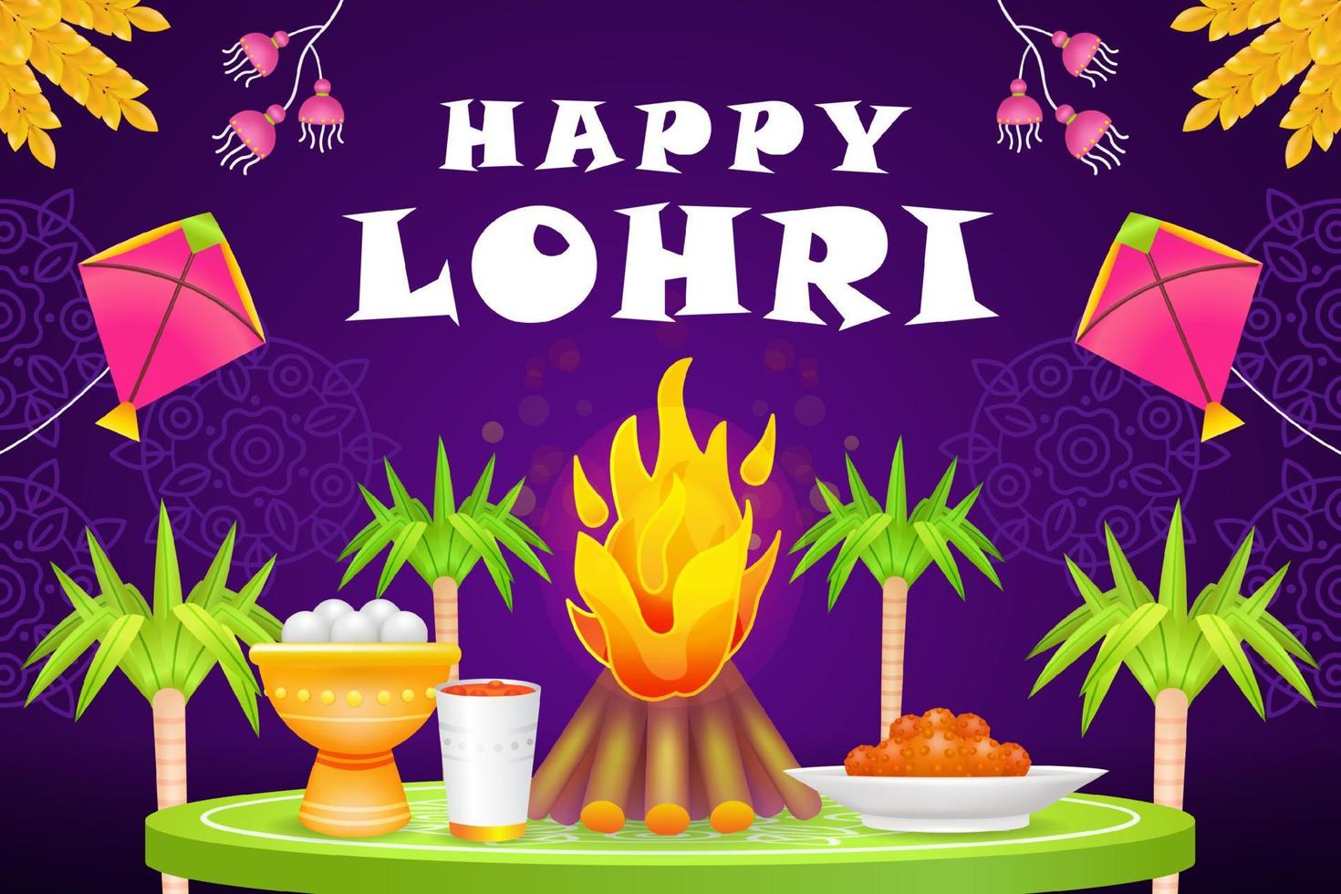 Happy Lohri. 3d illustration of bonfire, sugarcane, kite, food and drink vector