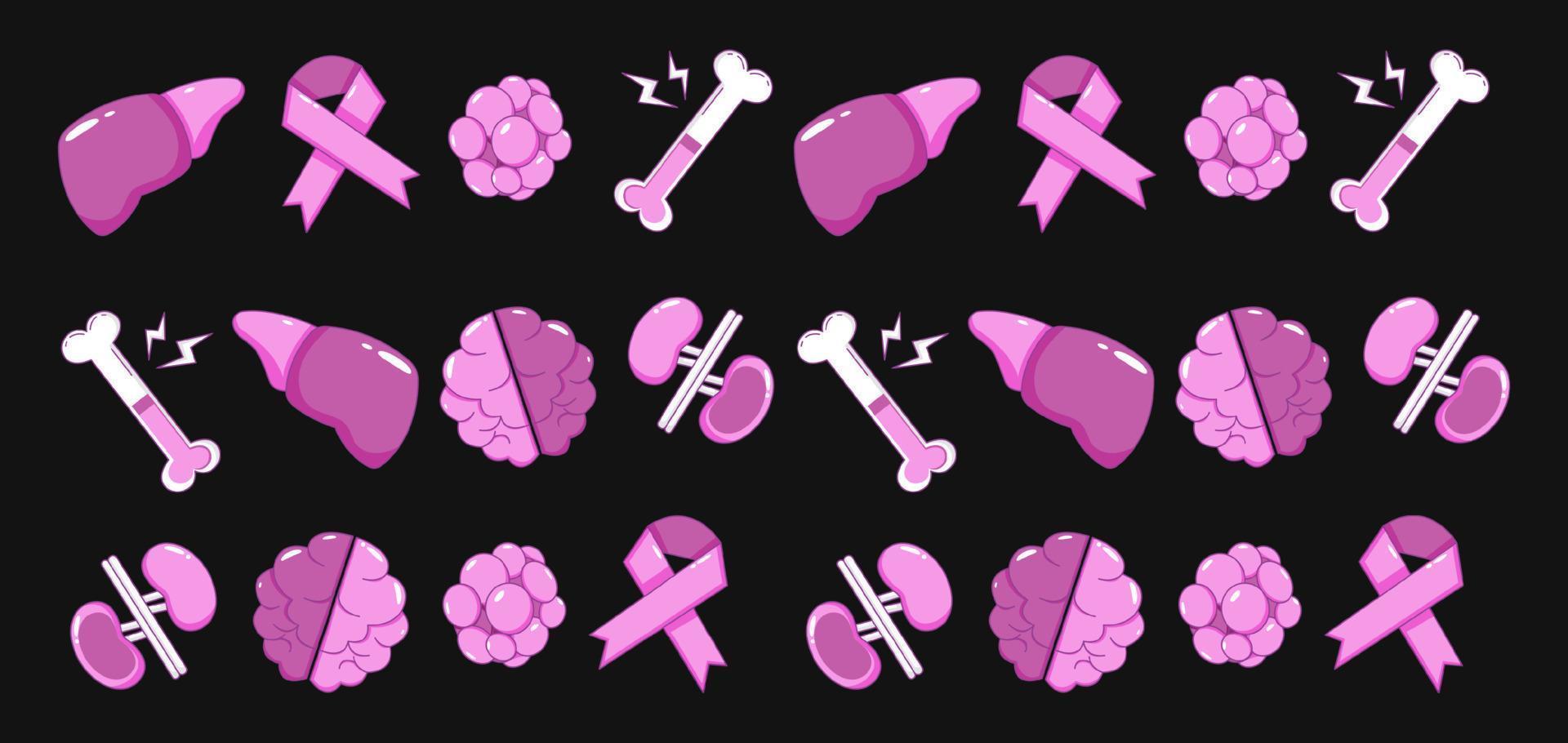 World Cancer Day. Heart, bone, kidney, brain and ribbon icon pattern vector