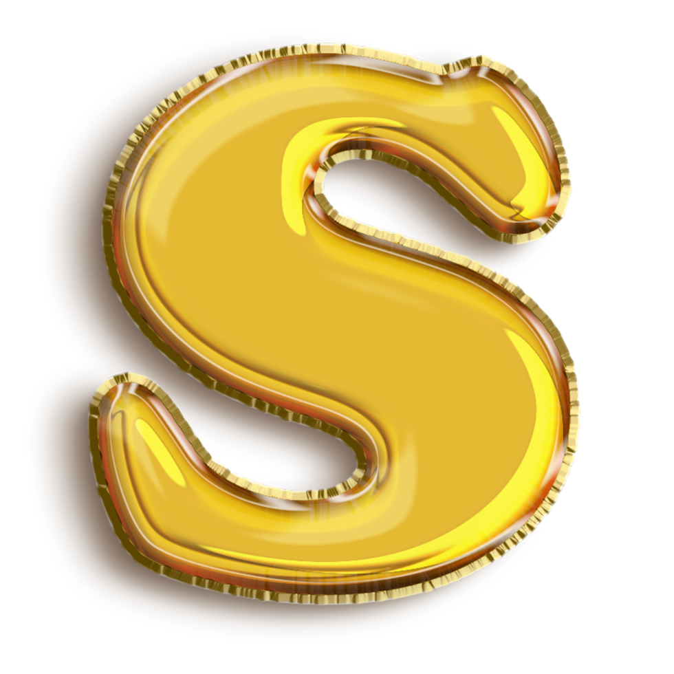 English alphabet S of golden inflatable balloon isolated on transparent background art png