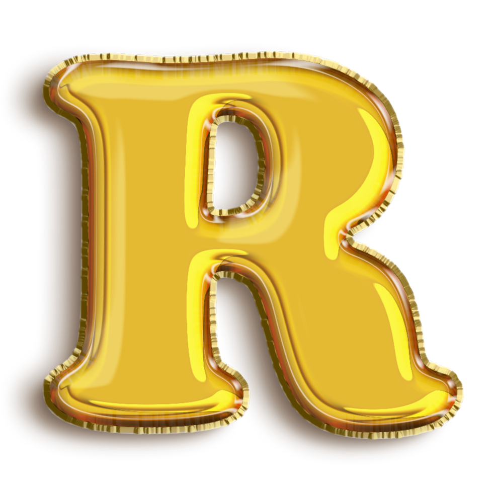 English alphabet R of golden inflatable balloon isolated on transparent background art png