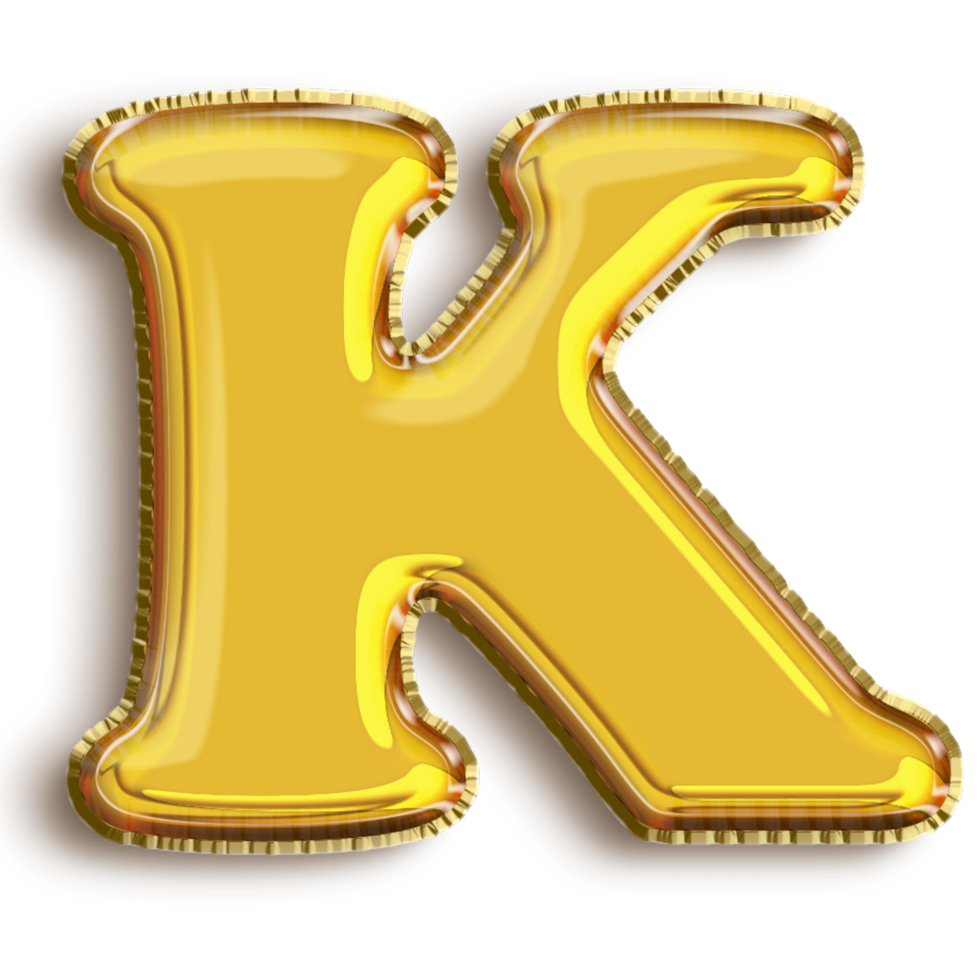 English alphabet K of golden inflatable balloon isolated on transparent background art png