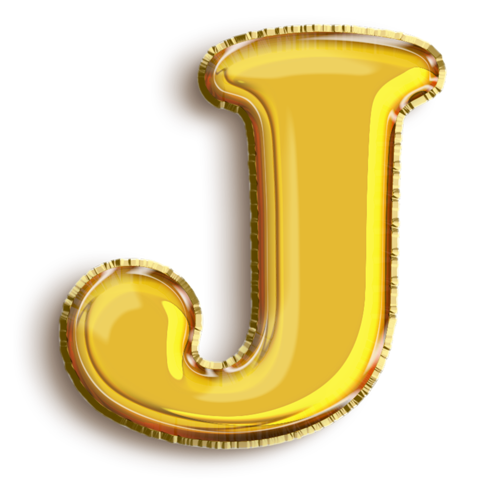 English alphabet J of golden inflatable balloon isolated on transparent background art png