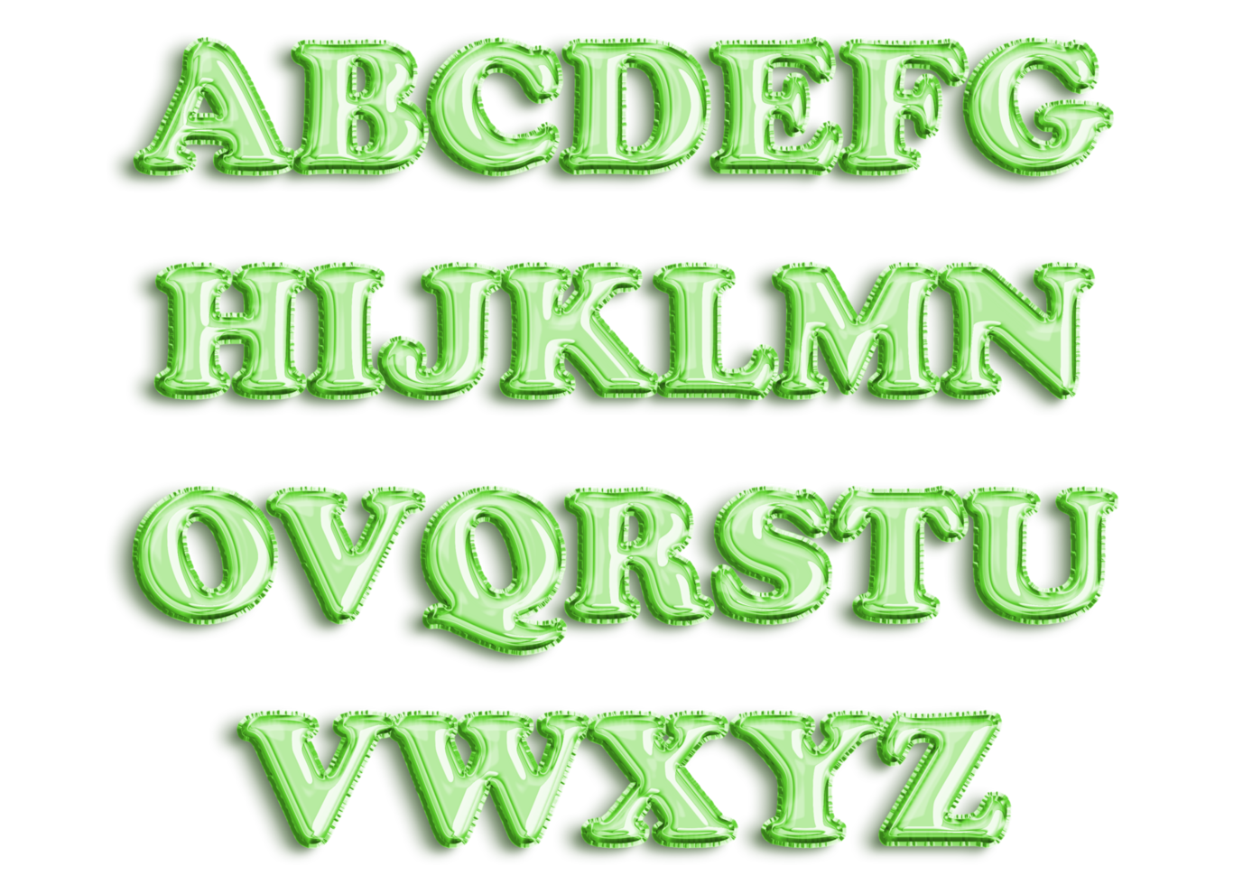 Full English alphabet of green color inflatable balloon isolated on transparent background png
