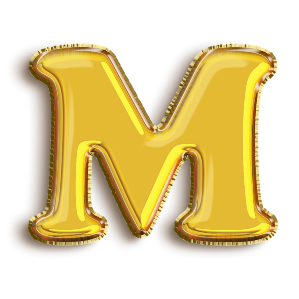 English alphabet M of golden inflatable balloon isolated on transparent background art png