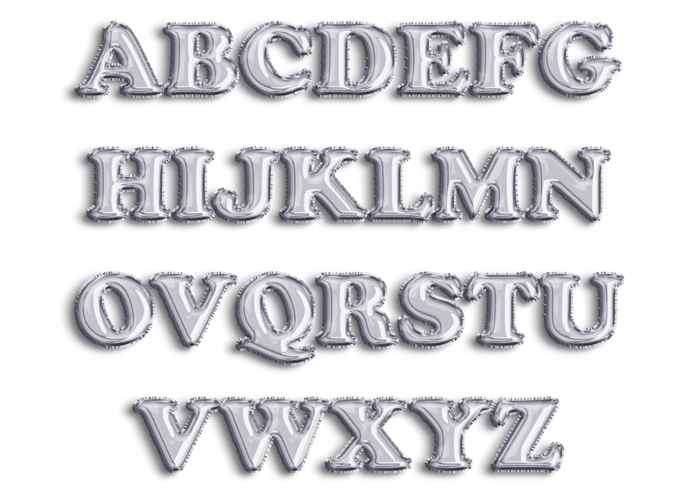 Full English alphabet of silver color inflatable balloon isolated on transparent background png