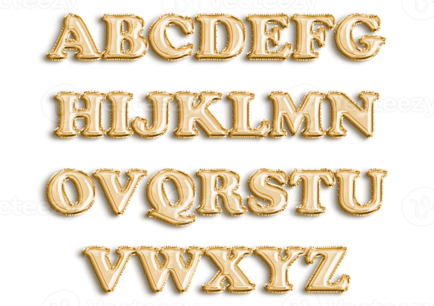 Full English alphabet of gold color inflatable balloon isolated on transparent background png