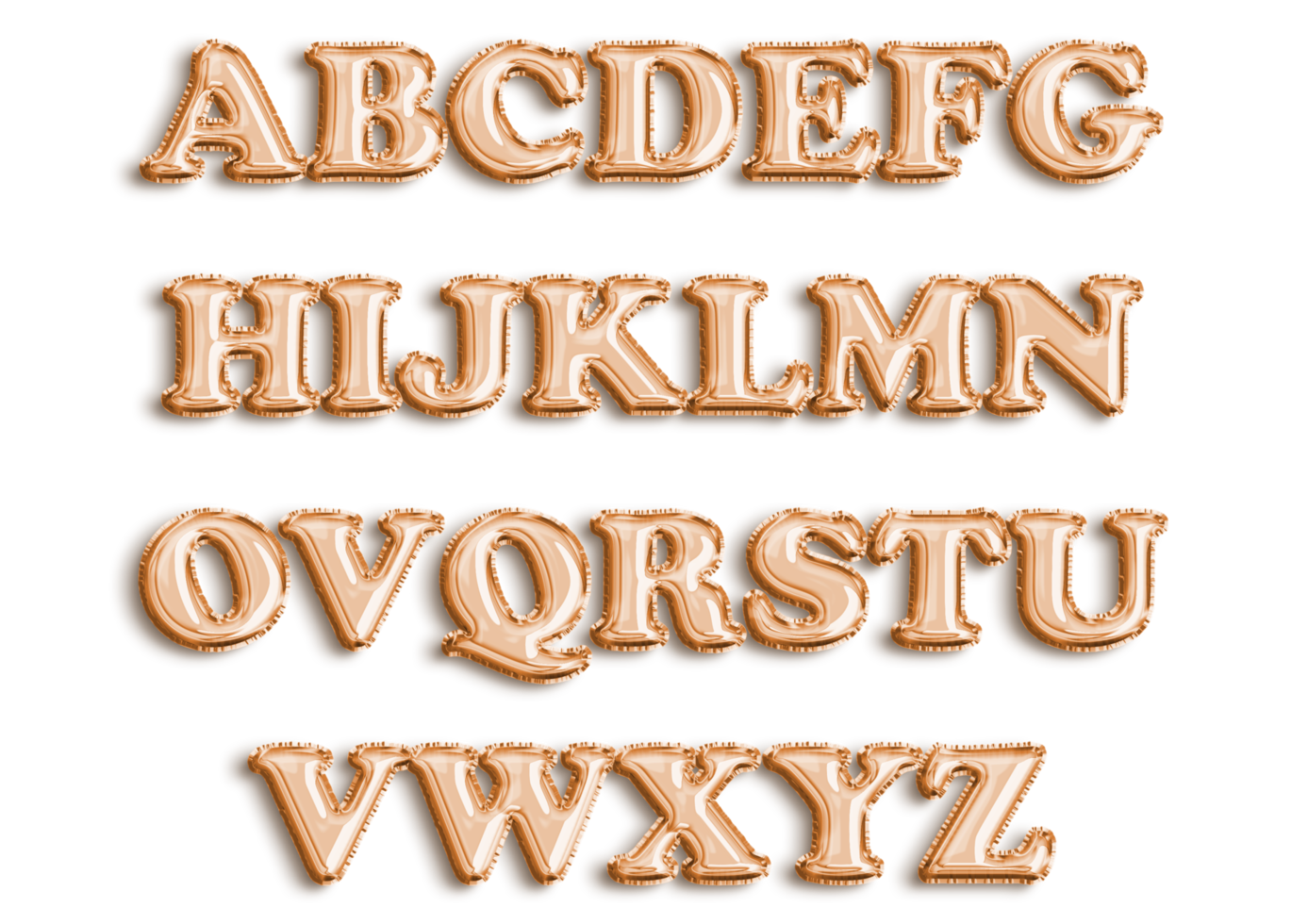 Full English alphabet of orange color inflatable balloon isolated on transparent background png