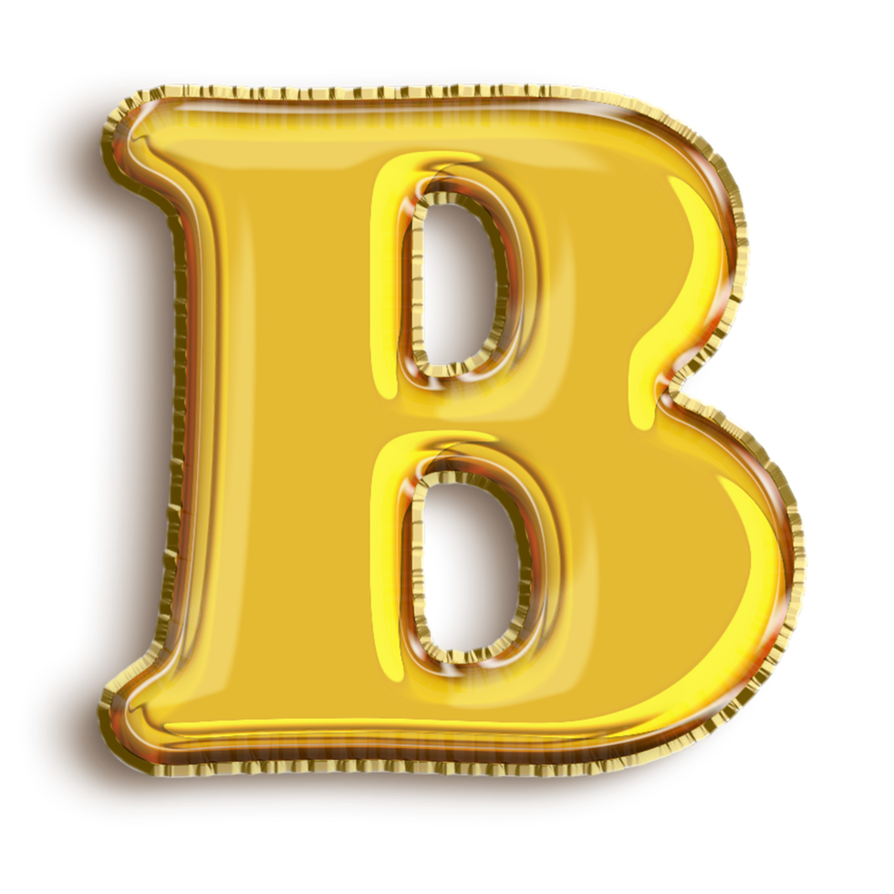 English alphabet B of golden inflatable balloon isolated on transparent