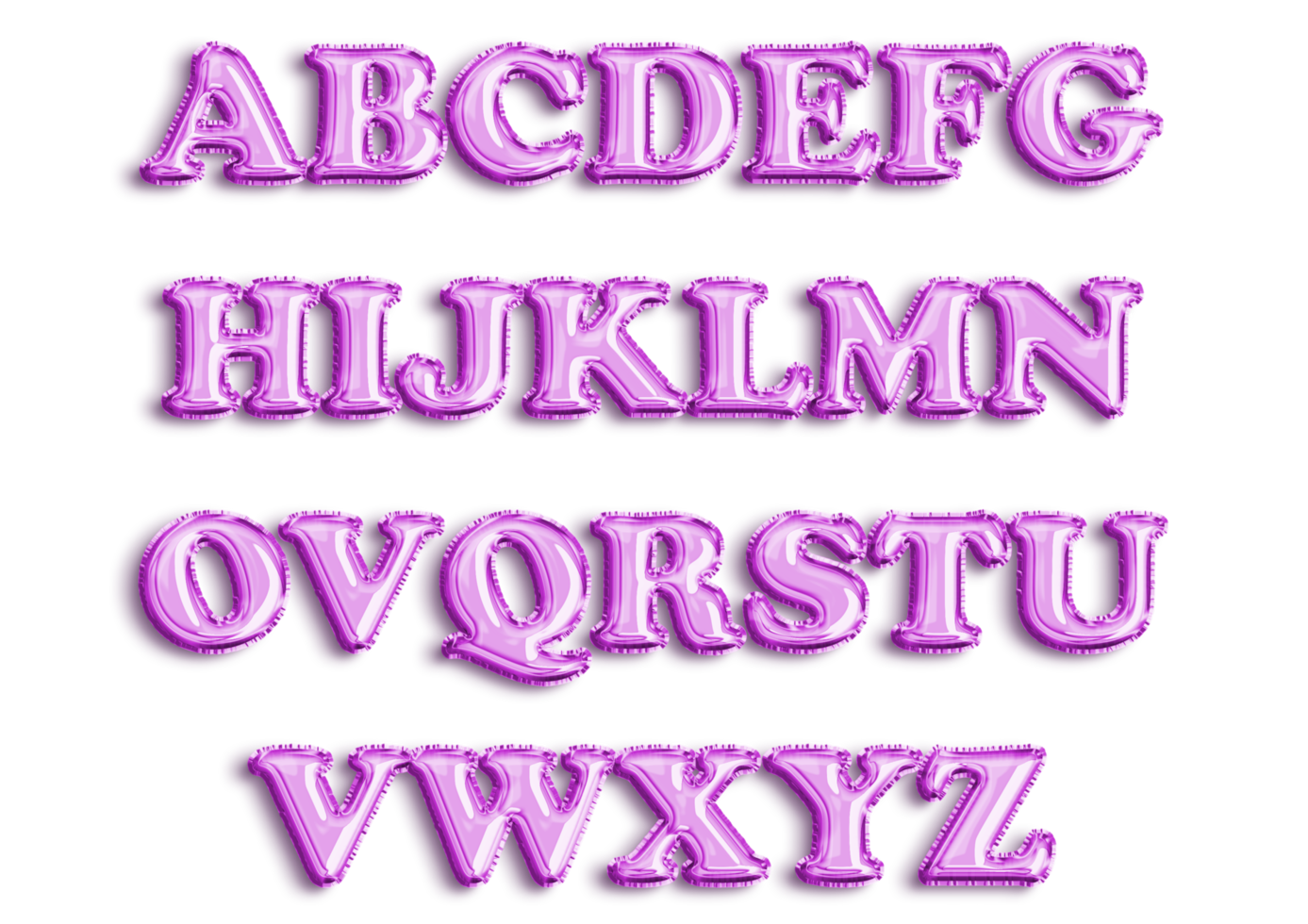 Full English alphabet of purple color inflatable balloon isolated on transparent background png