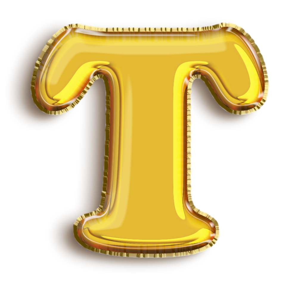 English alphabet T of golden inflatable balloon isolated on transparent background art png