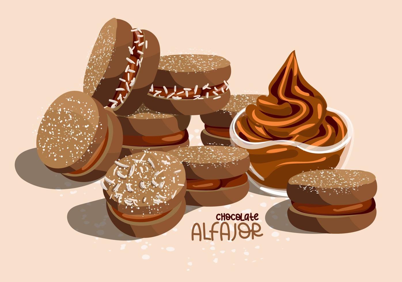 ilustración del postre tradicional argentino alfagor chocolate con leche condensada hervida. comida latinoamericana. adecuado para la impresión en textiles y papel. impresión en el menú de cafés vector