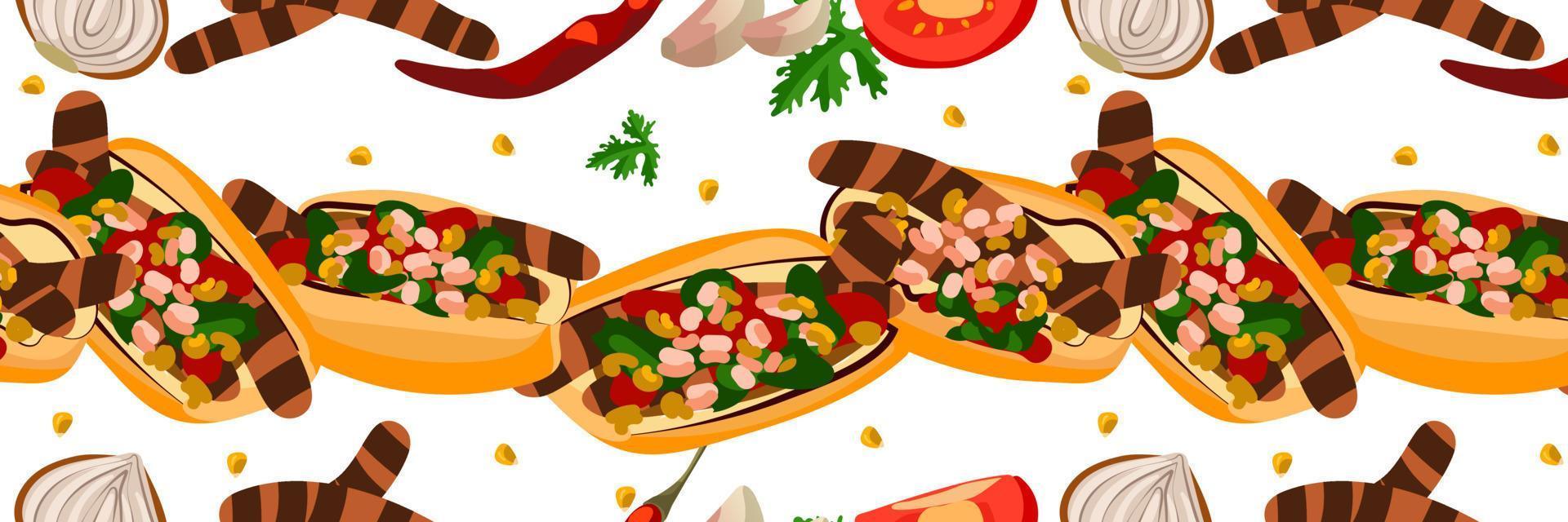 A pattern of Choripan sandwiches with chorizo. Latin American cuisine. An Argentine snack. Sandwiches with ingredients for cooking horizontally. Kitchen illustration. Suitable for printing on packagin vector