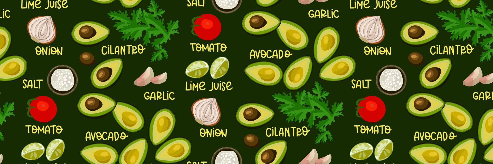 menú de patrón de receta de salsa de guacamole con firmas de ingredientes. plato mexicano con nachos. aguacate y algunas especias. ilustración de cocina. adecuado para la impresión en textiles y papel vector