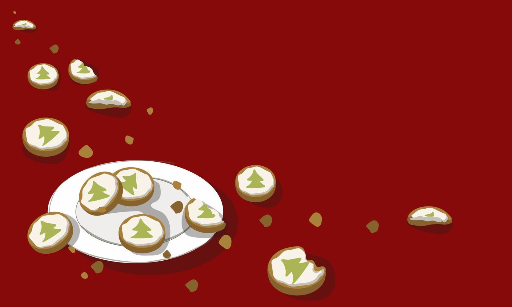 Christmas cookies on a plate on a red background with a place for text. New Year's theme. Bitten cookies with Christmas tree patterns. background with crumbs. vector illustration for printing recipes.