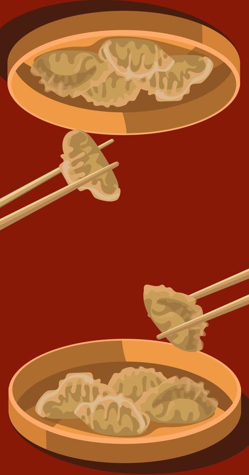 Illustration of Chinese Jiaozi dumplings on plates mirror image. Use chopsticks to take dumplings. Red background. Suitable for printing on textiles and paper kitchen illustrations. Marketing Banner vector