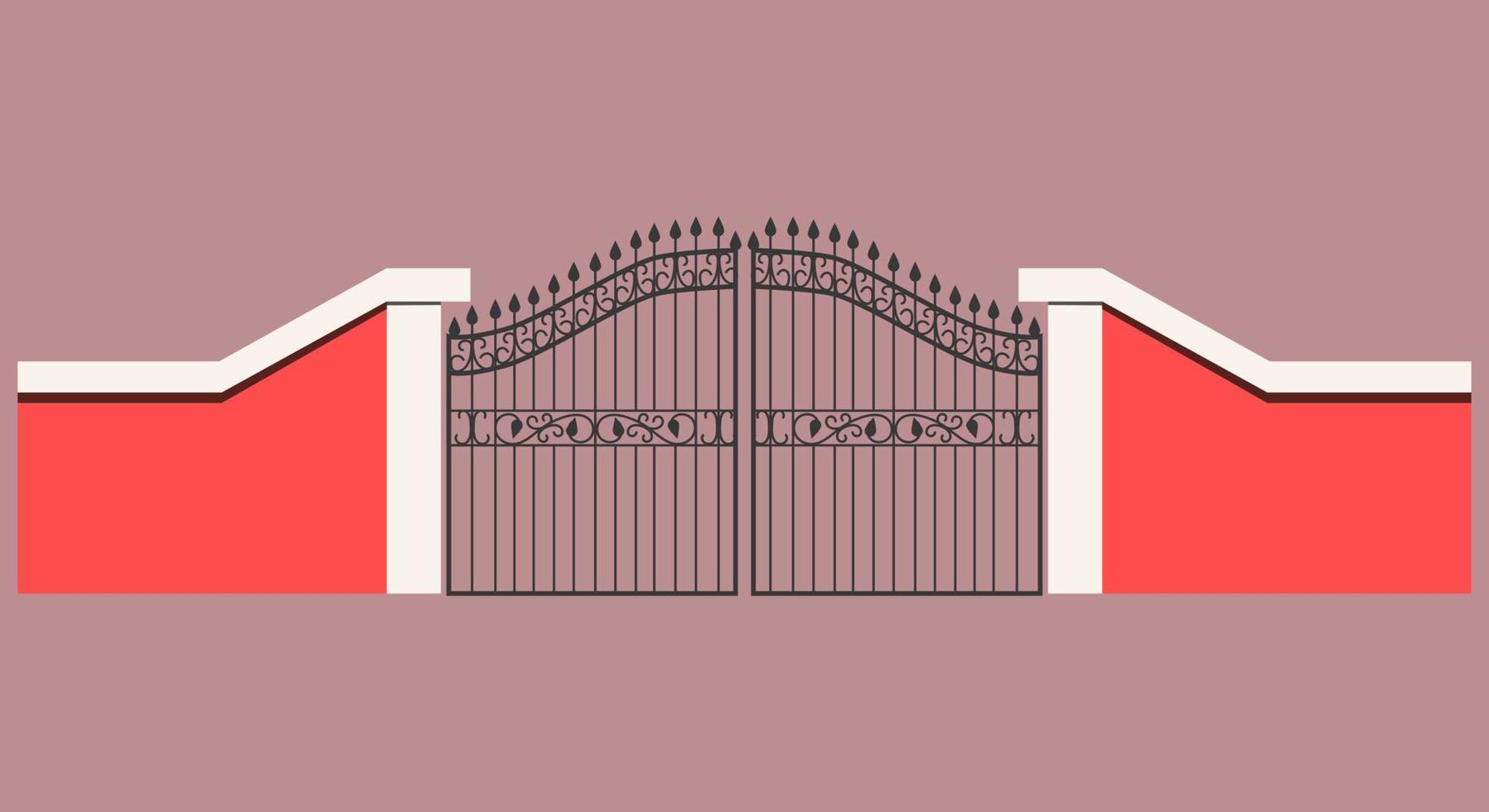 The forged entrance gate is made of pink cement wall. Cast iron forging with roundings and spikes. Vector illustration. A large metal door as an entrance gate.