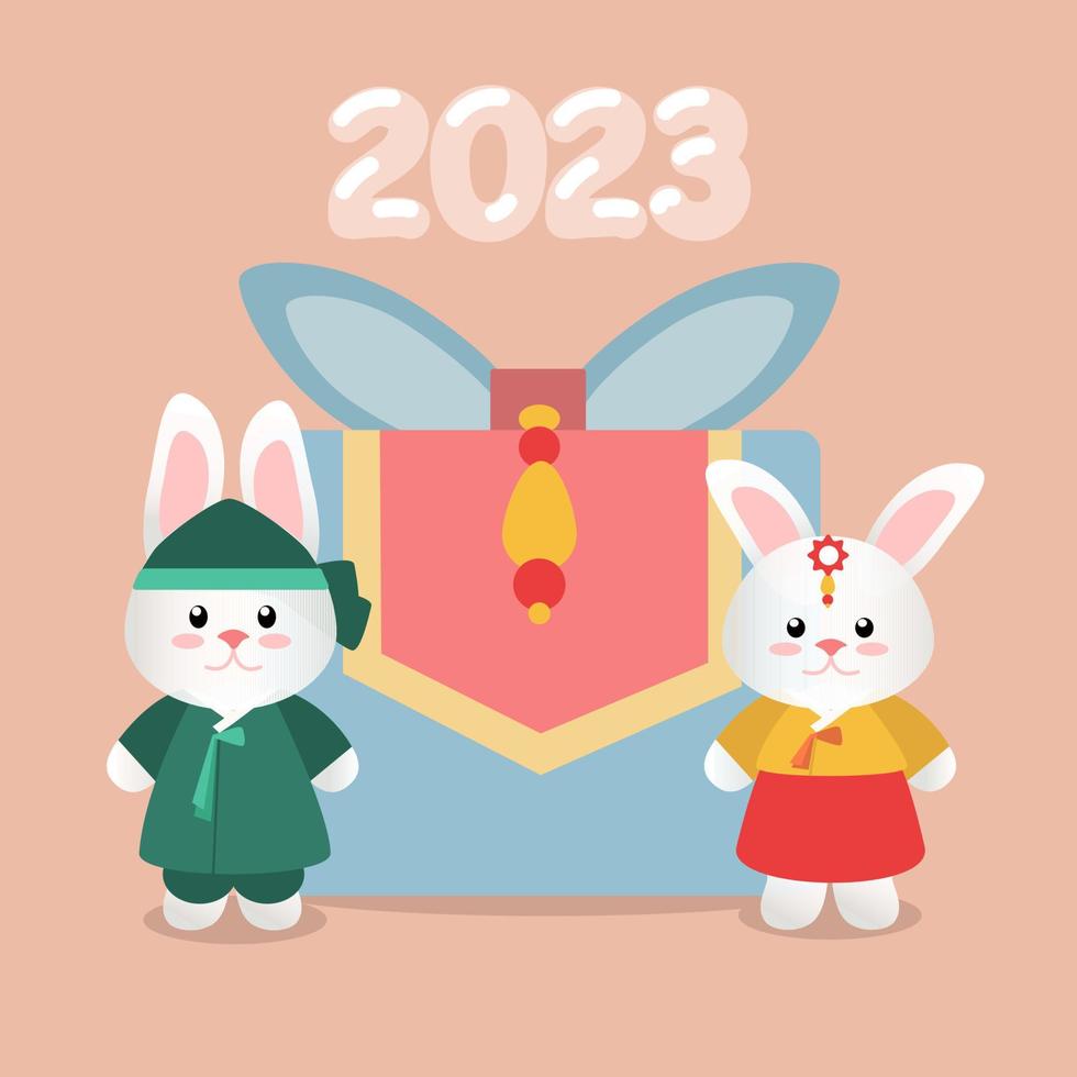 New Year's illustration 2023 Gyeme with the image of a rabbit depicting a boy and a girl in hanbok clothes on the background of a traditional Korean gift with the numbers 2023. Hares in hanbok costume vector