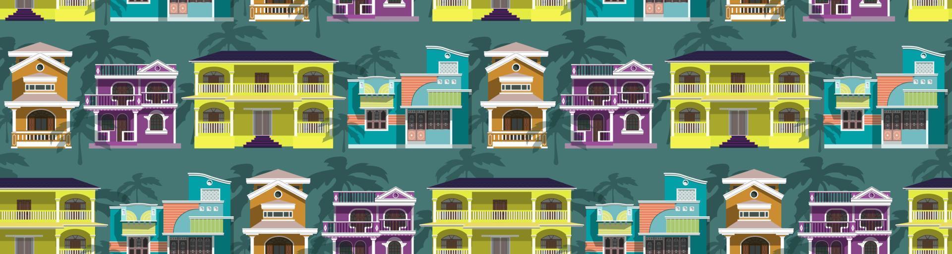 Pattern of houses with palm tree India flat vector illustration. A house with several floors in India on a neutral background with palm trees.