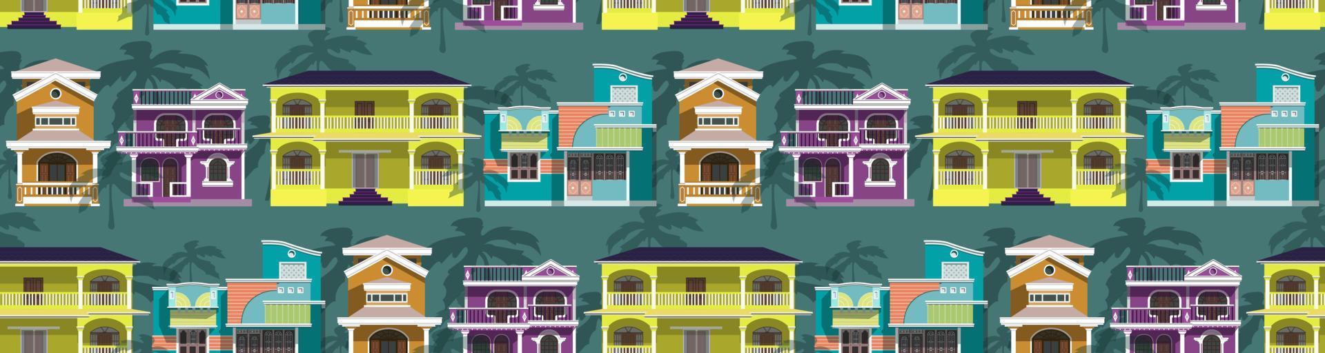 patrón de casas con palmera india ilustración vectorial plana. una casa de varias plantas en india sobre un fondo neutro con palmeras. vector