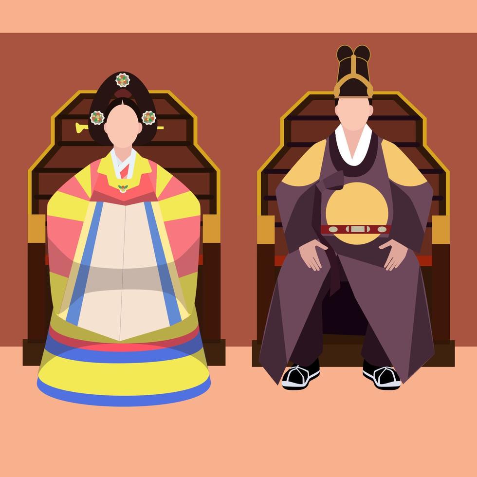Men and women in beautiful Korean traditional clothes, Hanbok. Traditional Korean outfits. Korean folk clothes for kings. Vector illustration in a flat design style. The design is simple. Kings