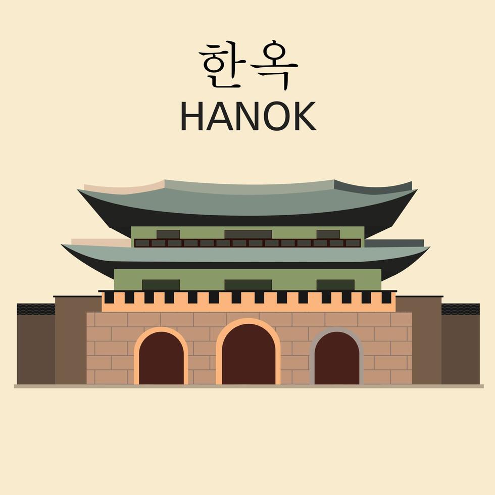 diseño de ilustración de la casa hanok, un concepto de ilustración en color de la arquitectura tradicional coreana. el edificio está hecho con soluciones de colores neutros con una gran inscripción en inglés y coreano. vector