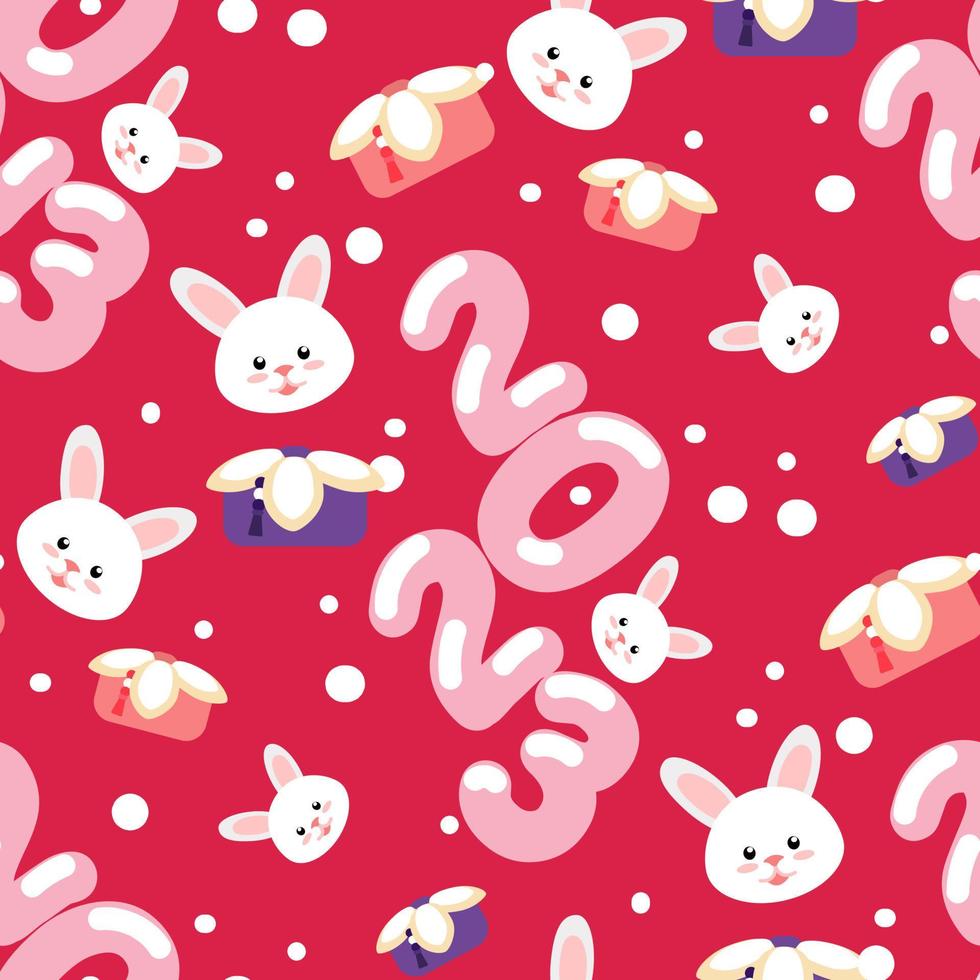 2023 año gyemyo personaje de conejo de año nuevo. un patrón de caras de conejo, los números 2023, regalos sobre un fondo rosa. fondo de color brillante de año nuevo para imprimir en textiles y papel. vector
