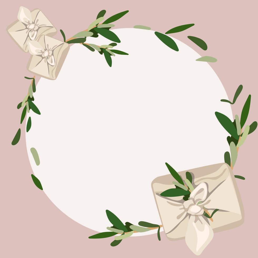 Korean holiday Chusok. A postcard with a traditional Korean gift in a package. A frame with gifts and decorations. Vector illustration in a flat design style. Wedding decoration on a purple background