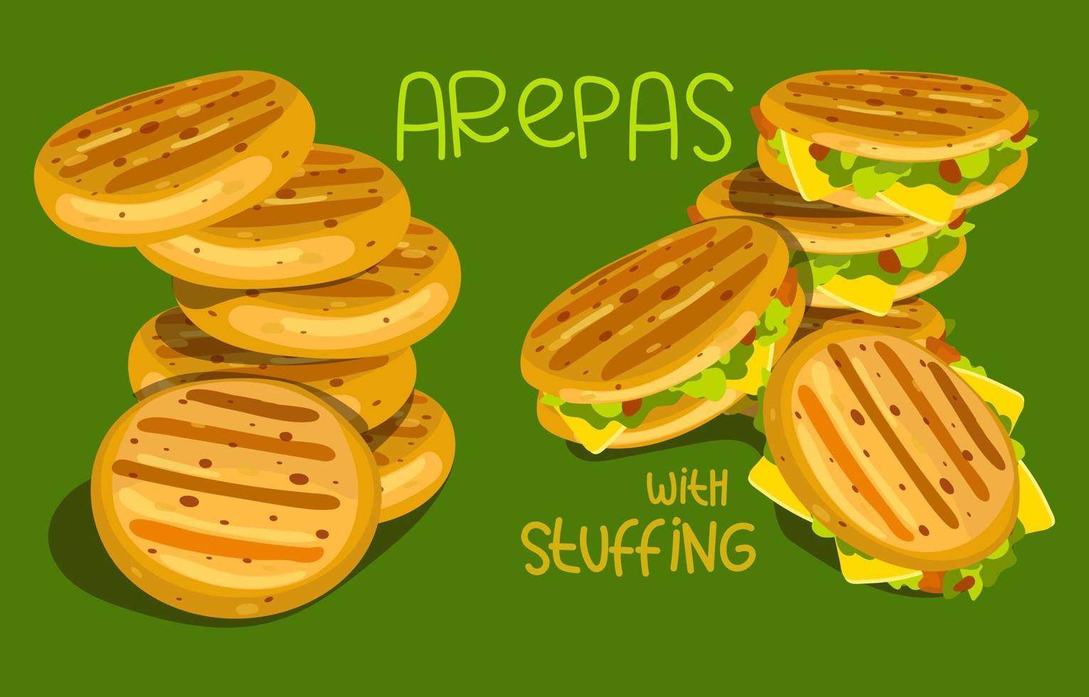 Illustration of a set of Cuban arepas buns with and without filling. Latin American food with a signature. Local hamburger, pastries. Vector for use in restaurant menus, marketing, banner, flyer