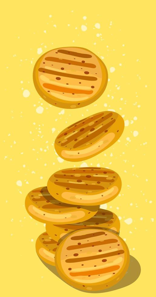 Illustration of Cuban arepas buns on a yellow background. Latin American cuisine. Local hamburger, pastries. Vector for use in restaurant menu, marketing, banner, leaflet and other printed information