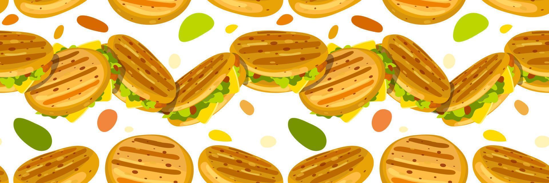 A pattern with Cuban arepas buns with stuffing and colored spots. Latin American cuisine. Local hamburger, pastries. Background for use in marketing. Packaging vector