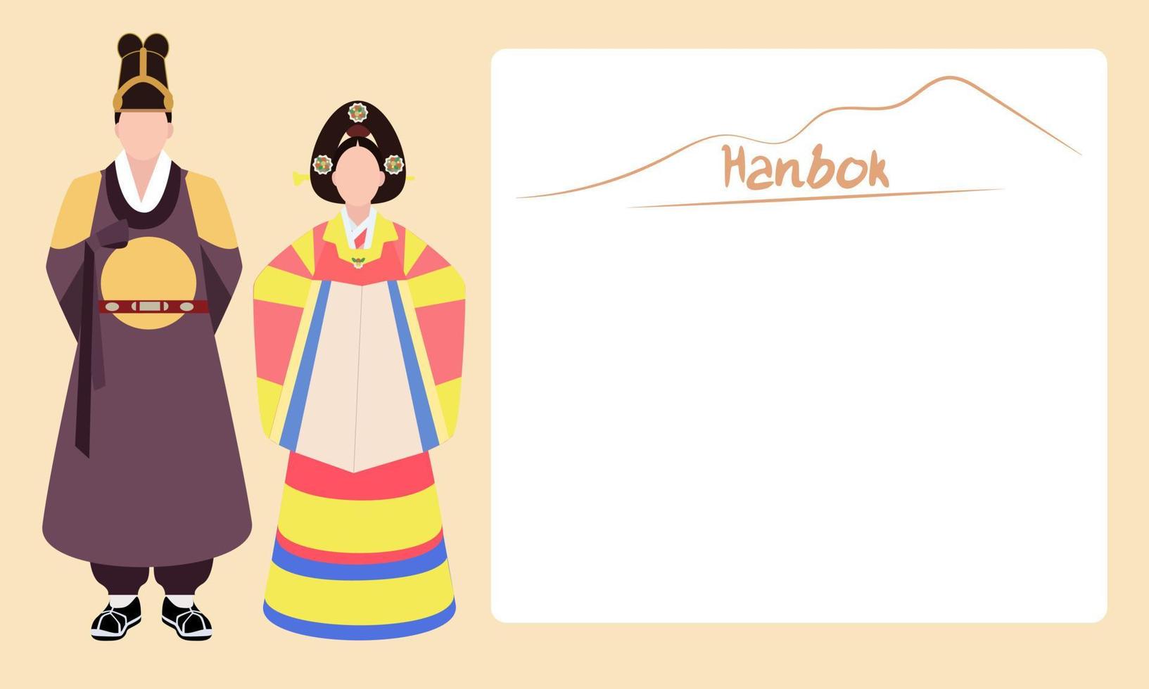 Men and women in beautiful Korean traditional clothes, Hanbok. Traditional Korean outfits of kings. Korean folk clothing. Vector illustration in a flat design. Banner with space for text