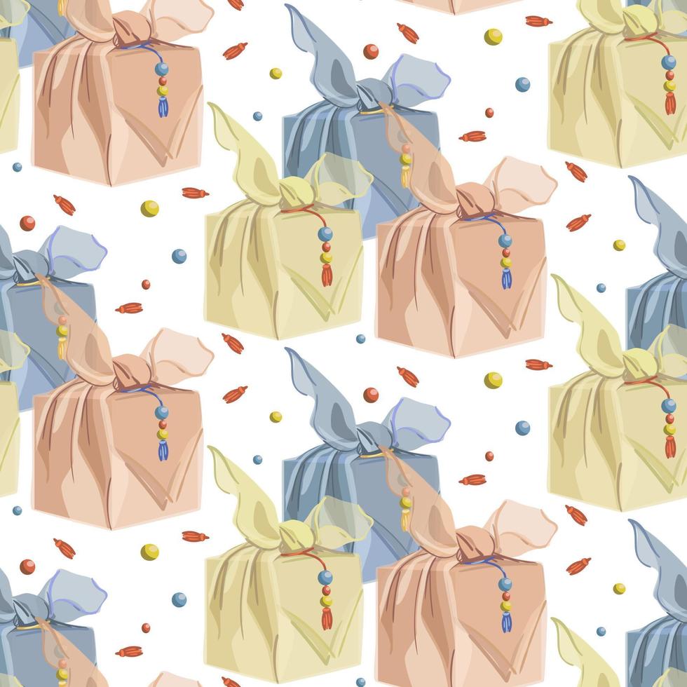 A pattern of Korean traditional gifts. A collection of various happy bags. Vector illustration of elements related to the Lunar New Year or Chusok. Gifts with decorations on a white background.