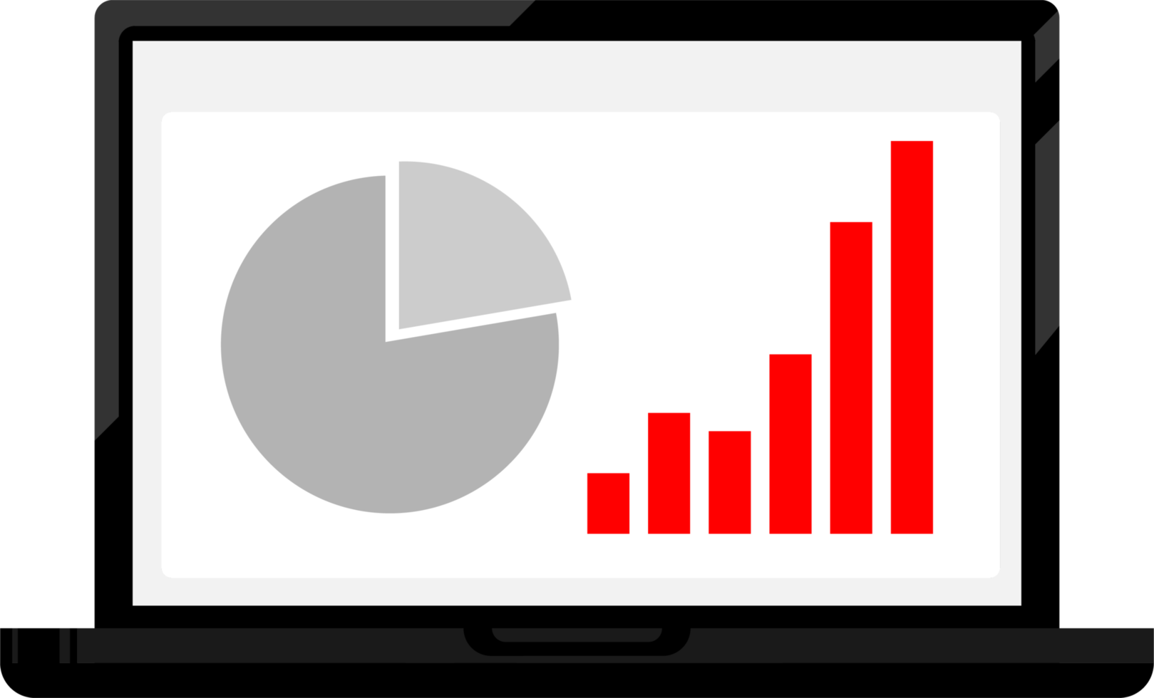 A laptop screen with a black frame showing an ascending curve graph png