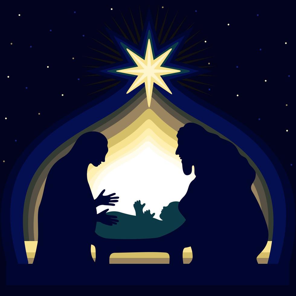 Bethlehem Cave. Maria and Joseph at the cradle of son. vector