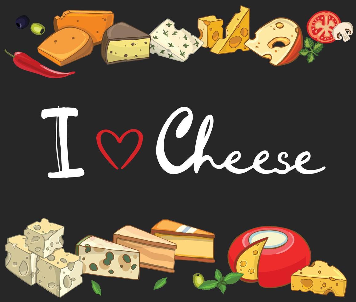 Cheese collection. hand drawn background with different types of cheese. vector